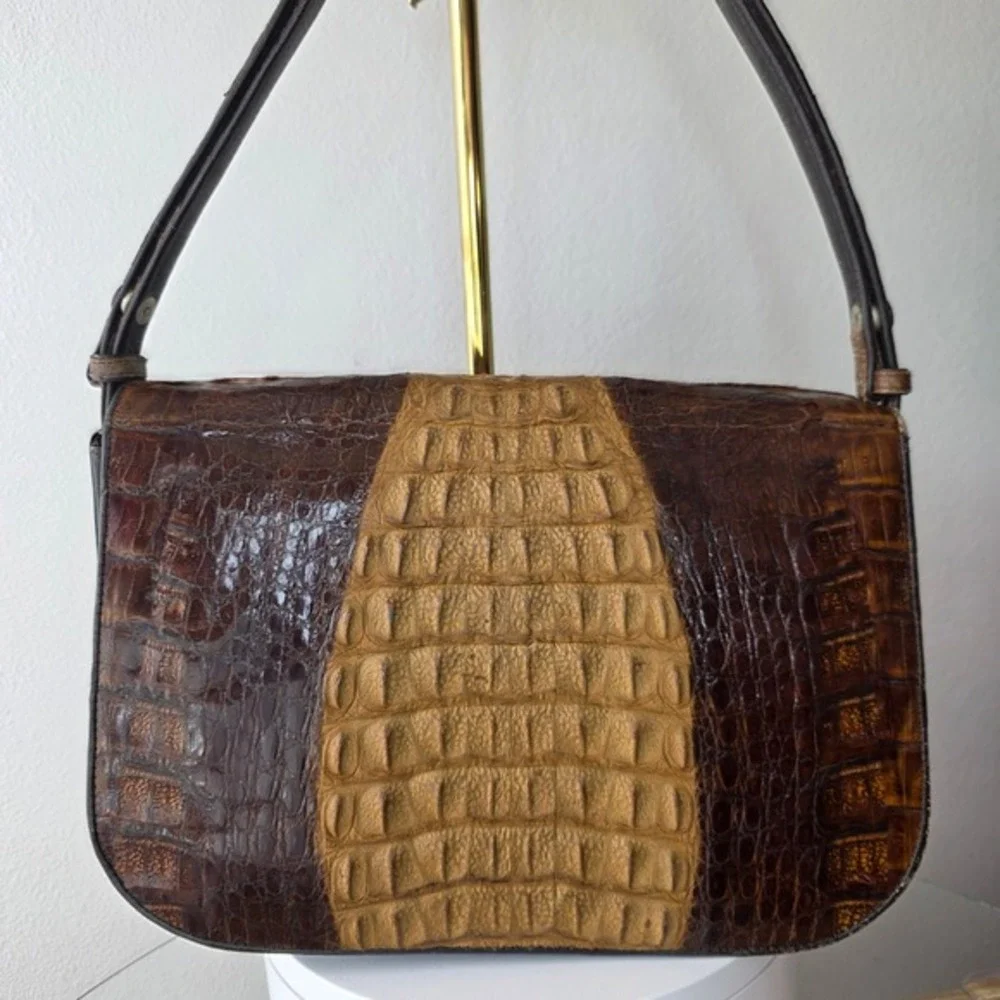 Vintage‎ Two Tone Brown Hornback Crocodile Skin Shoulder Bag Handbag - Picture 2 of 16